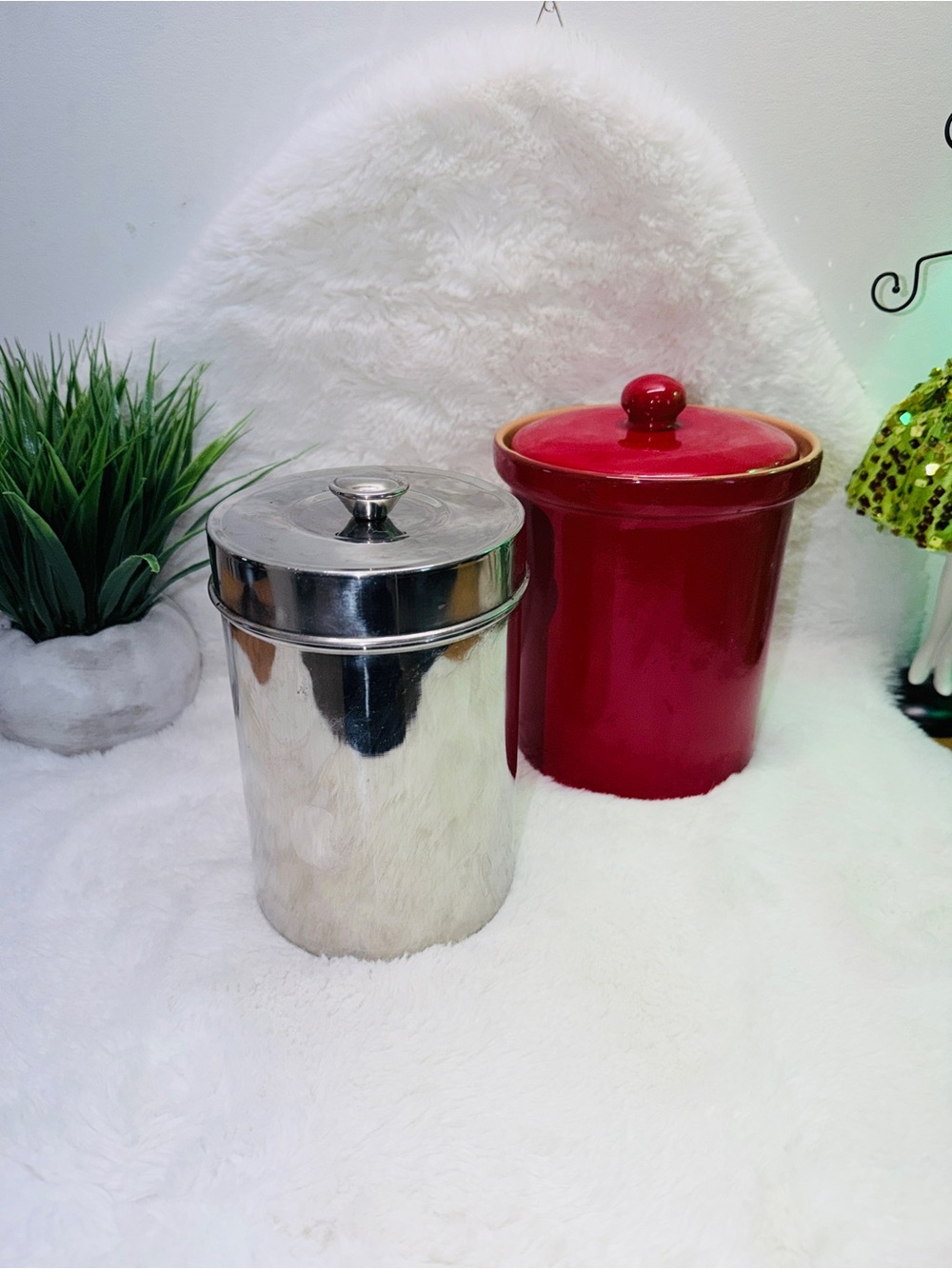 Heavy Red Ceramic Coffee Kitchen Canister & Chrome Sugar Canister Vintage Kitsch